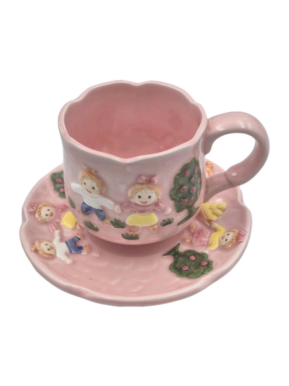 Vintage Parma Japan Pink Ceramic Cup Saucer Raised Figures Scalloped Rim